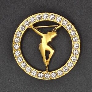 Gold Tone Dancer Vintage Pin Brooch Rhinestone Circle Abstract Modernist